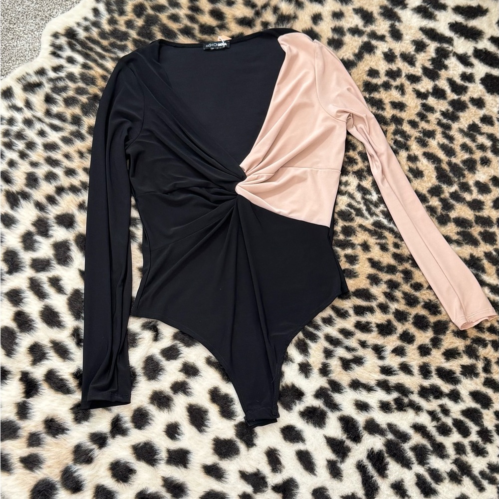Fashion Nova Black and Nude Twist Bodysuit
